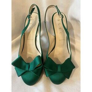 Something Bleu Kelly Green Satin Sling Back Stilettos Platform Heels Bow SZ 7.5